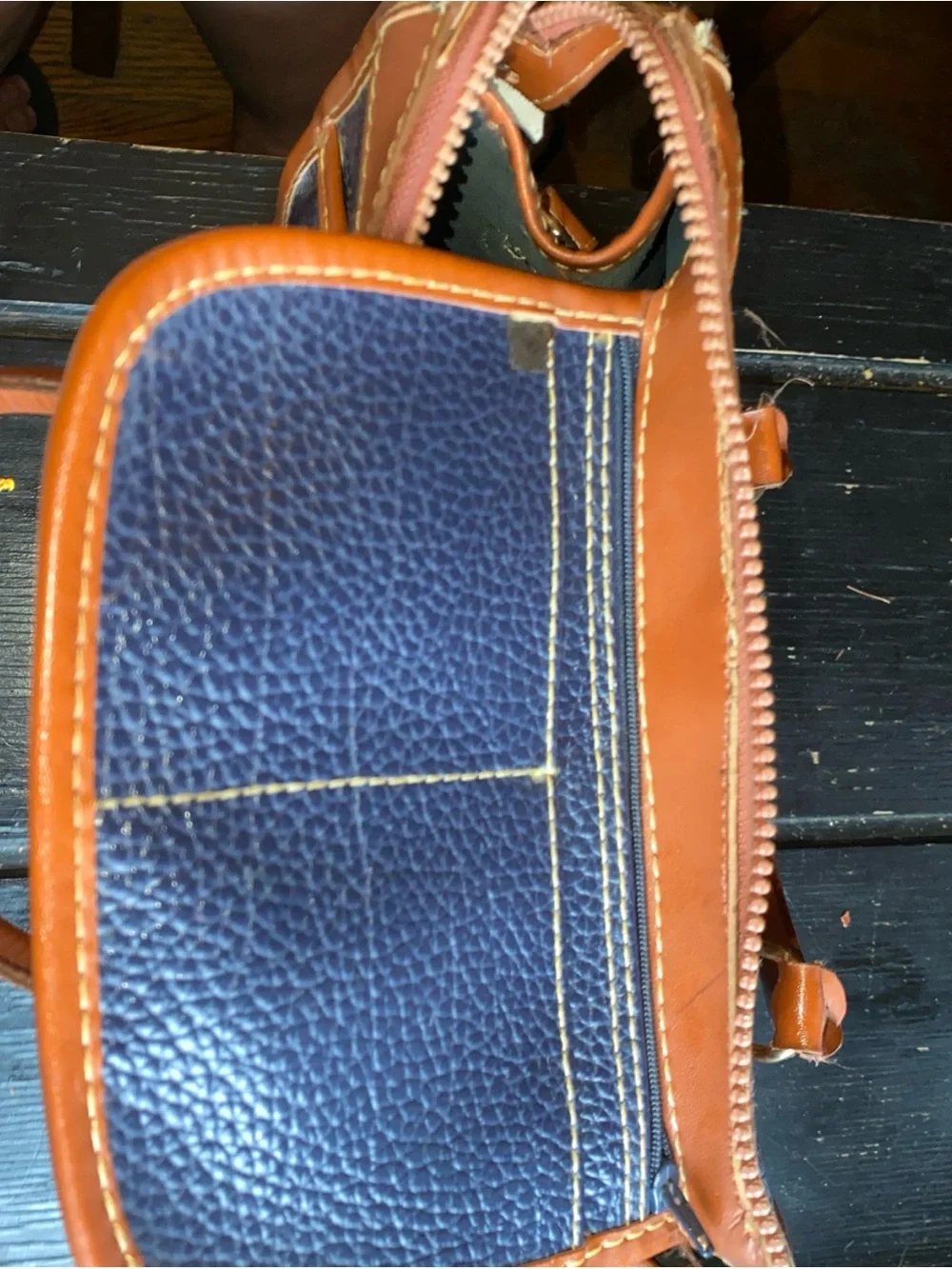 Dooney & Bourke Navy and Brown Pebbled Leather Satchel